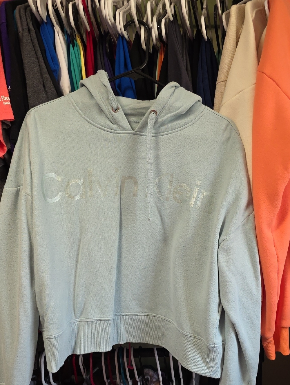 Calvin Klein Pale Blue Shiny Logo Cropped Hoodie